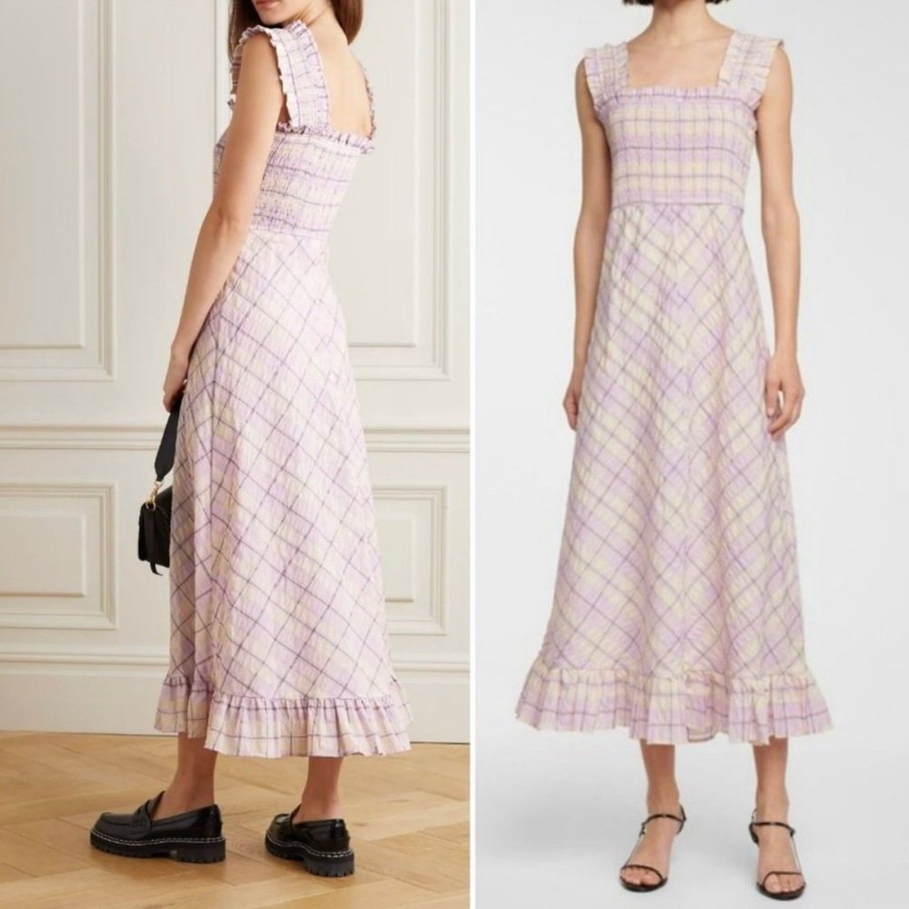 Ganni seersucker dress pink